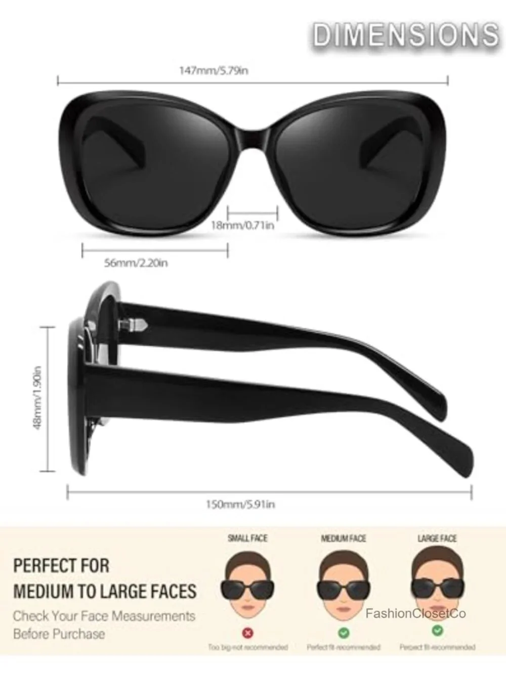 Oversized Butterfly Sunglasses with Polarized UV400 Lenses, Acetate Arms & TR90